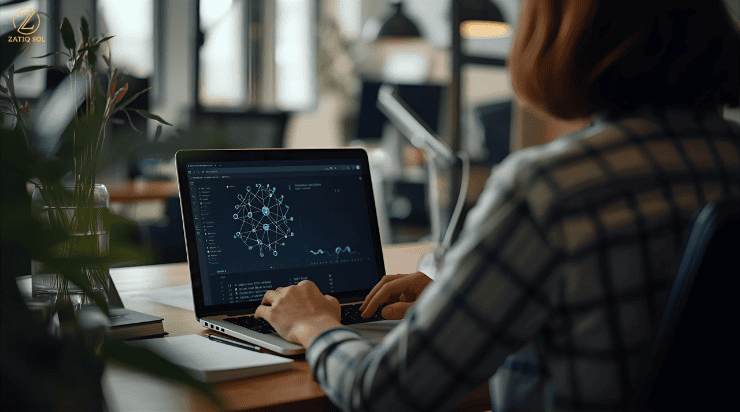 Person working on a laptop showing AI data visuals in a realistic workspace, representing modern AI development.