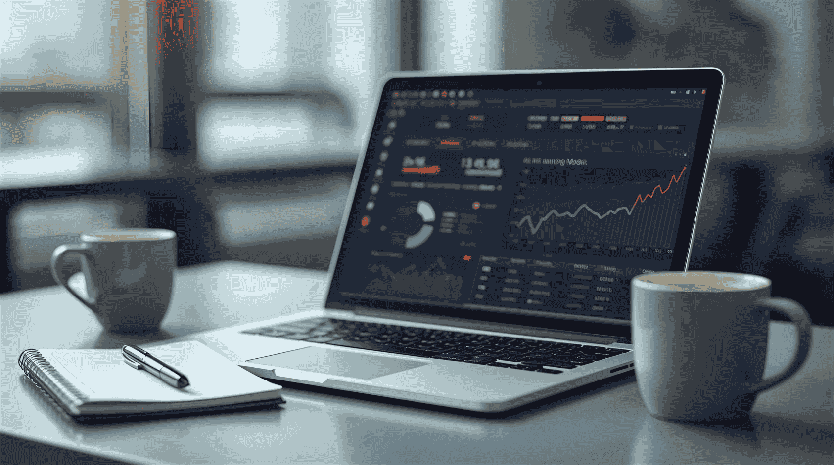 Laptop displaying machine-learning graphs with a notebook and coffee cup in a modern workspace.