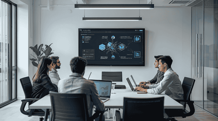 Zatiq Sol blockchain development team reviewing blockchain architecture on office LED screen