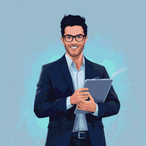Digital marketing expert in modern business attire holding a tablet, representing SEO and advertising services for businesses