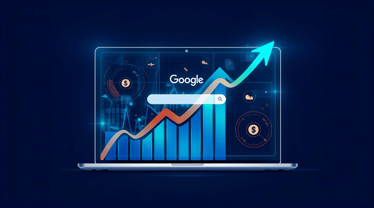 Modern SEO dashboard displaying rising traffic graphs and keyword rankings for effective SEO services for businesses