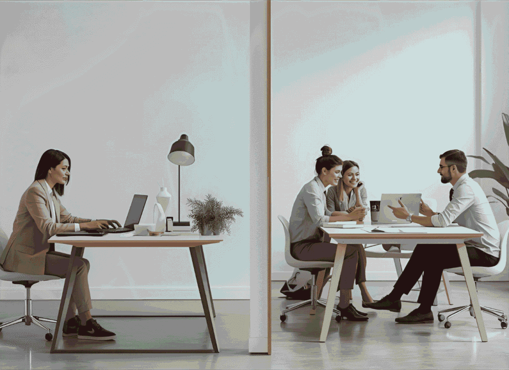 A solo digital marketing consultant working alone while a small agency team collaborates in the background, showing the contrast between individual and team workflows.