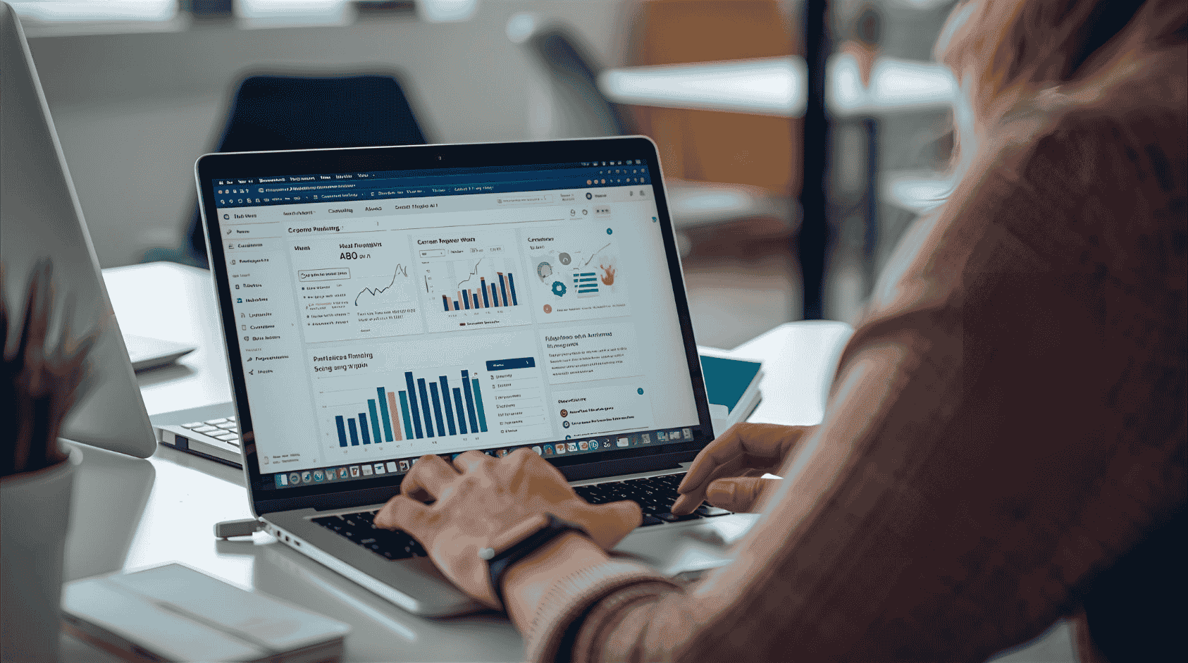 A marketer working on a laptop with AI tools showing keyword research and analytics dashboards in a calm, modern office workspace.