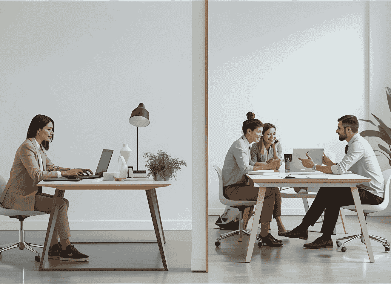 A solo digital marketing consultant working alone while a small agency team collaborates in the background, showing the contrast between individual and team workflows.