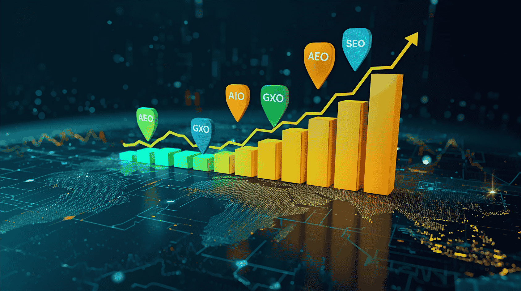 Realistic digital dashboard showing SEO growth trends with AEO, GEO, AIO, GXO and global market analytics.
