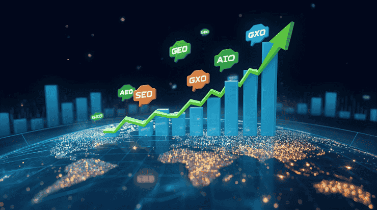 Realistic digital marketing visualization showing SEO growth trends with AEO, GEO, AIO, GXO and global market analytics.