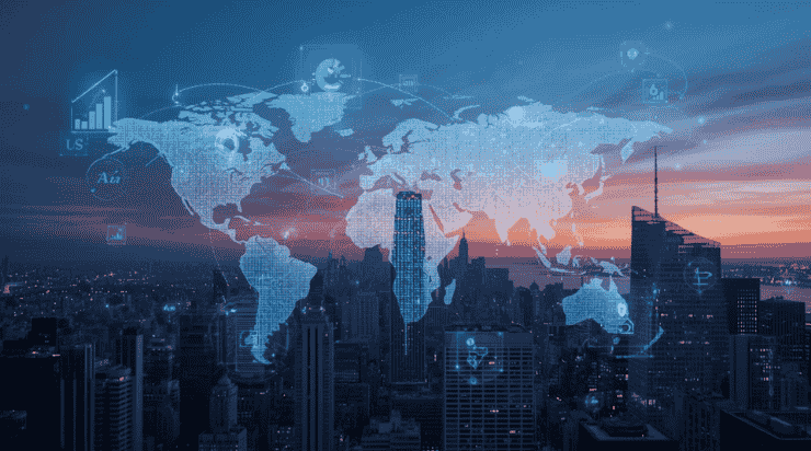 Futuristic global business consulting firm connecting worldwide markets with AI, strategy, and technology consulting services