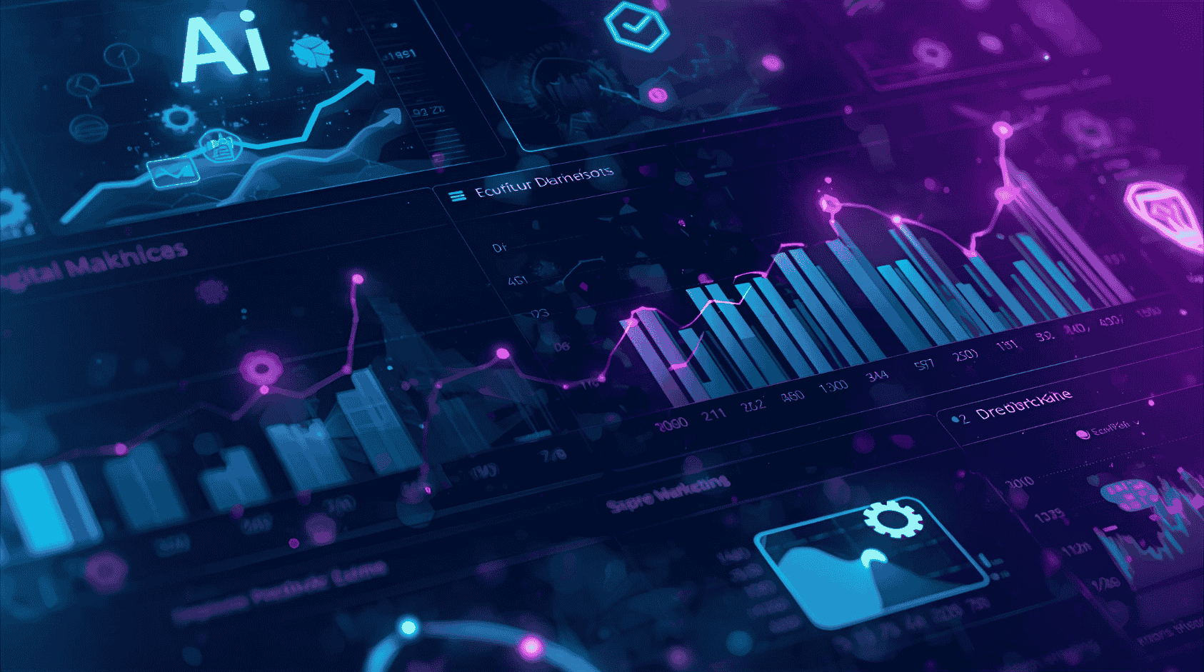 Neon AI analytics dashboard displaying keyword growth and digital marketing trends for 2026.