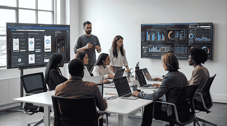 Mobile app developers at Zatiq Sol collaborating on UI designs and analytics in a modern tech office.