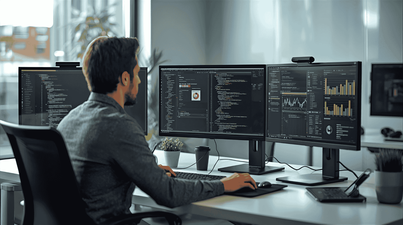 Developer building mobile applications with multiple screens showing UI, code, and analytics.