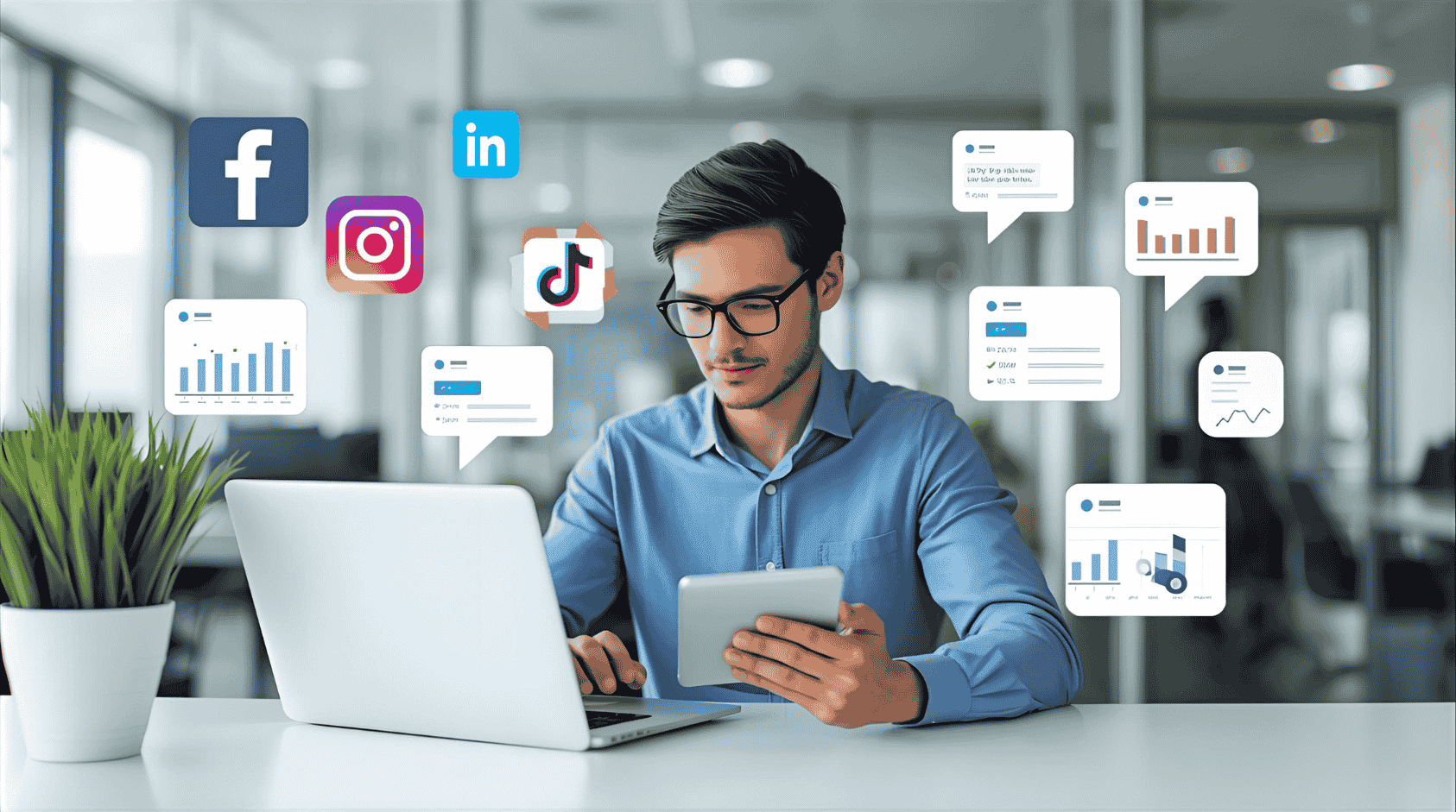 Marketer analyzing social media performance with floating platform icons and analytics.