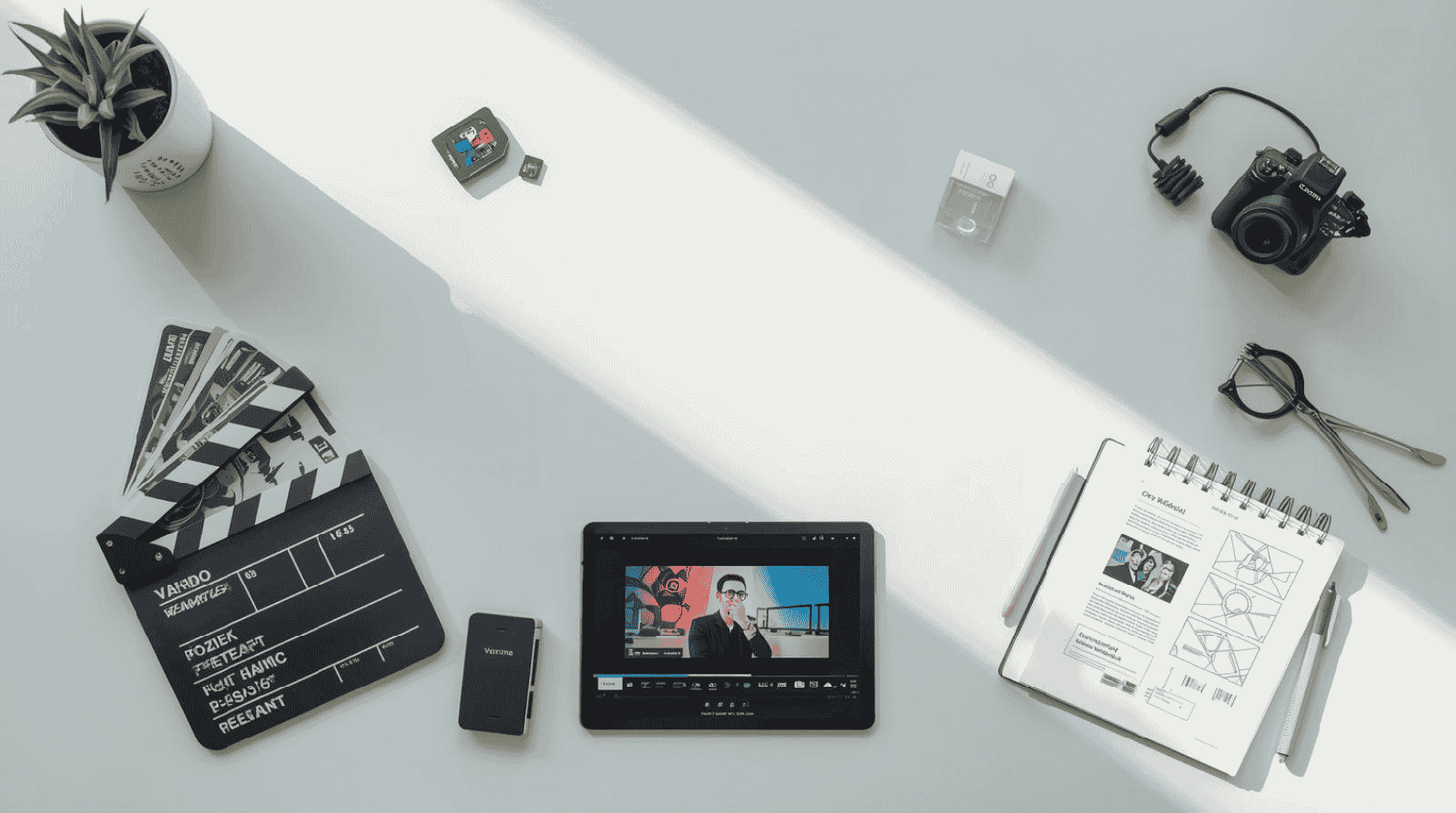 Bright professional minimalist desk setup for video editing services with polished video examples on screen