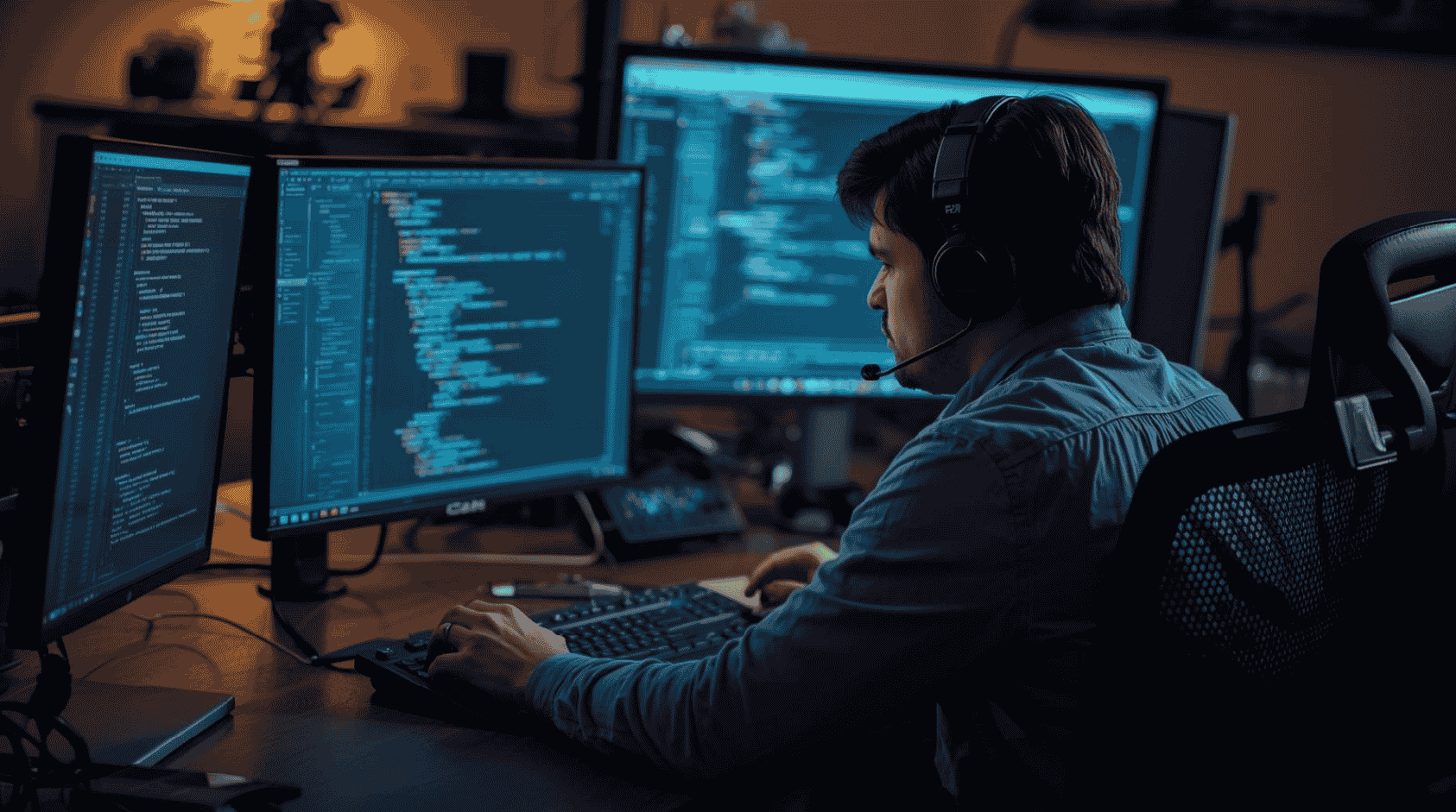 Focused remote software developer working at a desk with multiple screens showing code, illustrating the structure and productivity of a dedicated outsourced team.