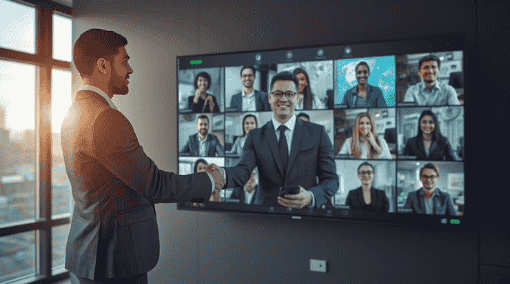 Business professional shaking hands across a digital screen with a remote outsourcing team collaborating in the background, representing global talent access and dedicated remote team extension.