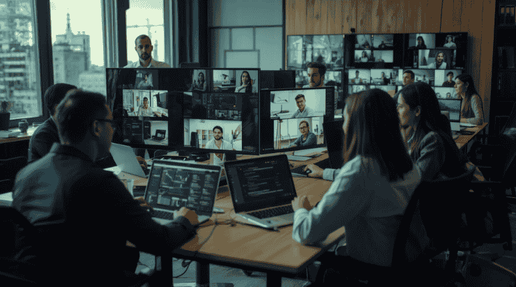 Remote team outsourcing showing a professional global team collaborating remotely