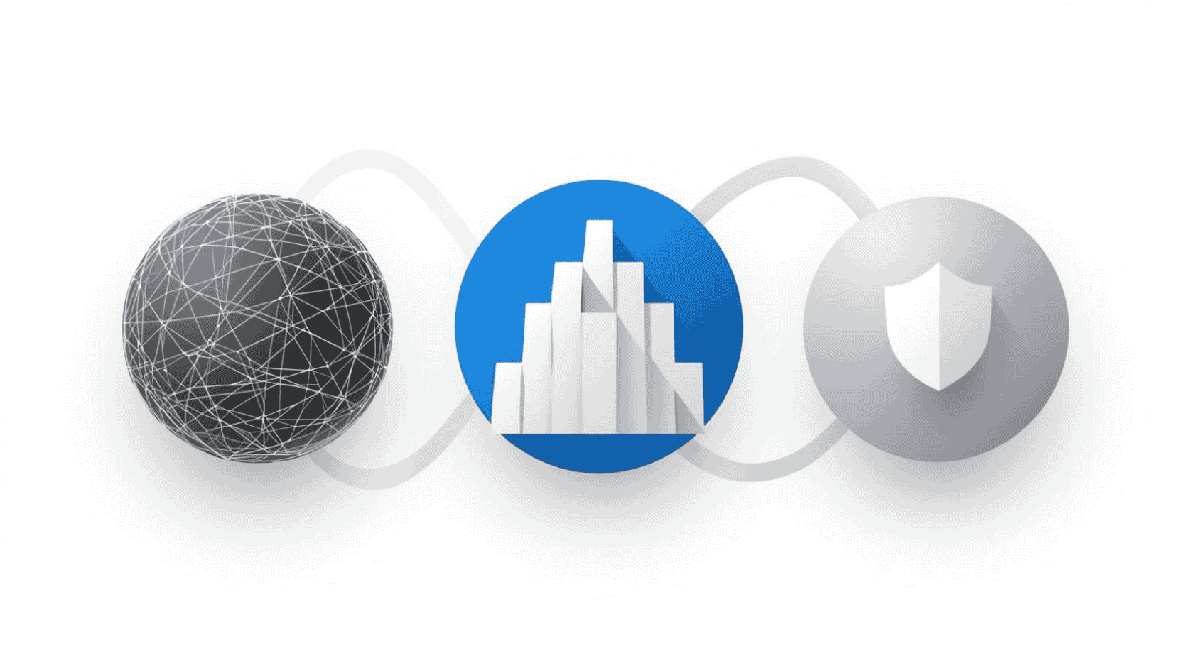 Symbolic illustration of blockchain scalability solutions 2026 trilemma: three orbs in triangle – decentralization (gray web), scalability (blue rising bars), security (gray shield) – connected by curved gray bands, flat vector style.