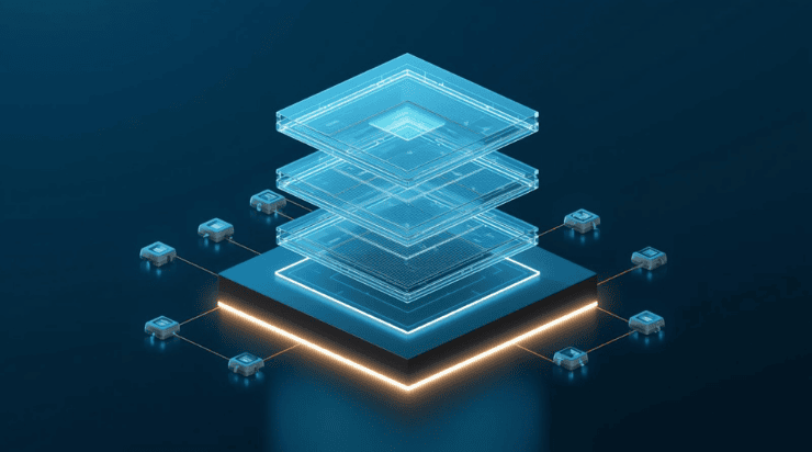 A futuristic 3D visualization of multi-layered blockchain architecture, showing a secure base with parallel processing layers and specialized modular pods branching off, representing scalability solutions for 2026.
