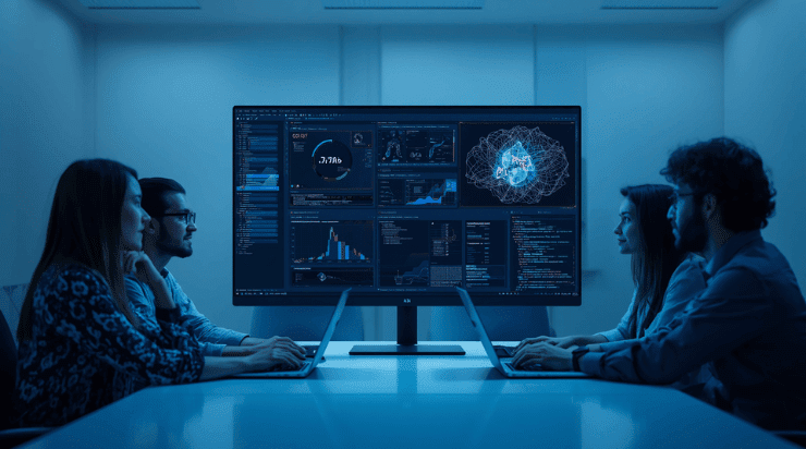 Team reviewing AI development services dashboard with neural network visualization