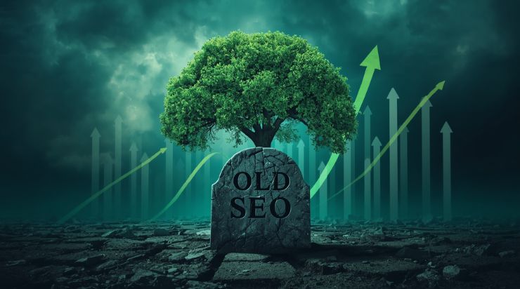 Is SEO dead? A cracked Old SEO gravestone beside a thriving tree built from content, backlinks, AI citations, and organic traffic growth.