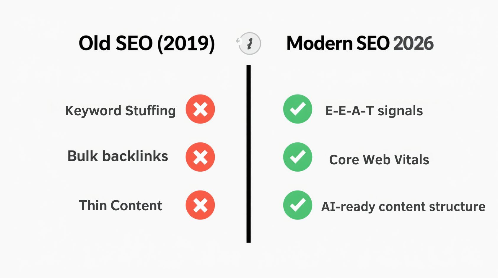 Comparison of old SEO practices from 2019 versus modern SEO strategies in 2026 including topical authority, E-E-A-T, and Core Web Vitals.