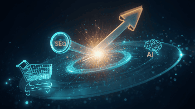 3D render of AI neural network, SEO magnifying glass and shopping cart fusing into one growth arrow representing AI tools for e-commerce growth