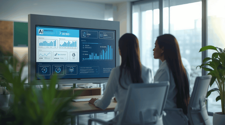 Healthcare administrators reviewing AI-powered dashboard representing AI solutions for healthcare businesses