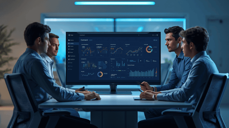 Team collaborating around a SaaS product dashboard representing professional SaaS development services