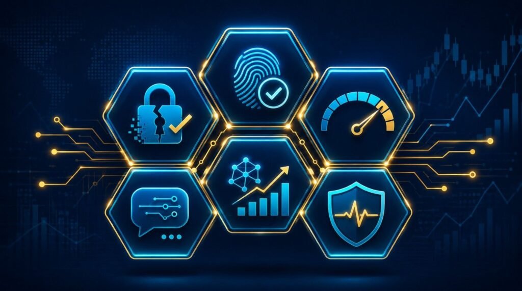 Glowing hexagon cluster showing six AI use cases in finance and banking including fraud detection KYC compliance and credit scoring