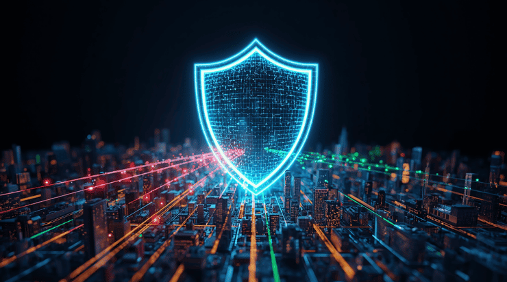 3D render of AI neural network shield protecting financial institutions from fraud and cyber threats