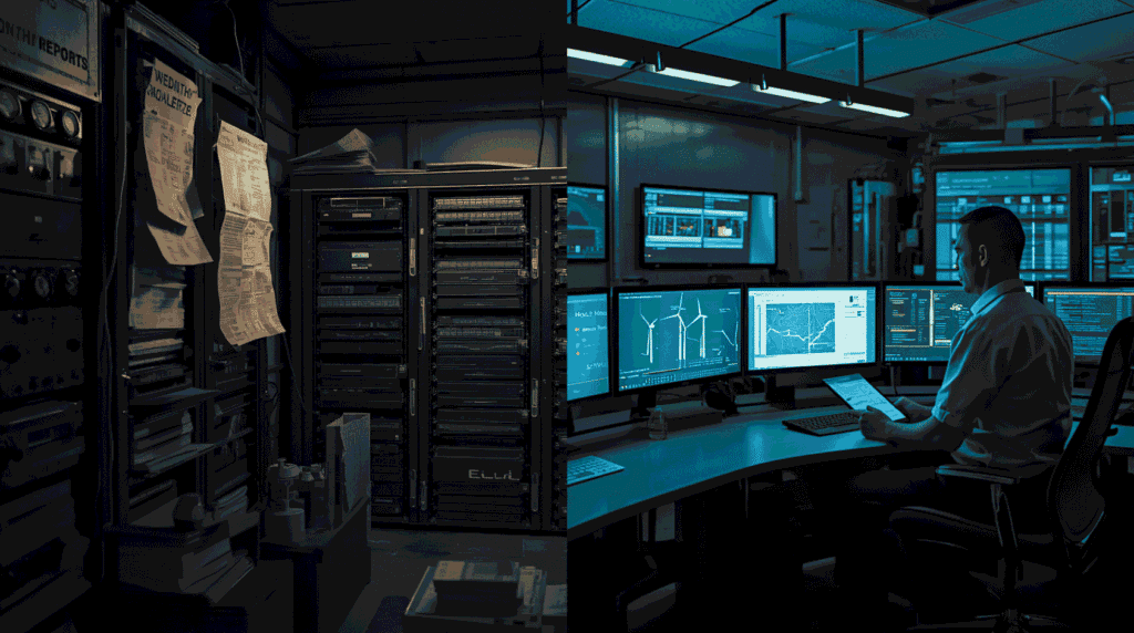 Before and after photorealistic control room showing on-premise energy management chaos versus cloud-connected real-time grid monitoring and sustainability reporting