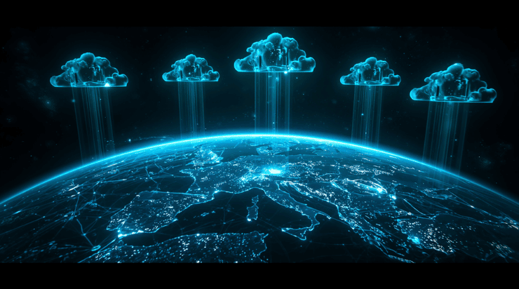 3D render of earth at night with glowing smart grid connections and cloud infrastructure layers representing cloud solutions for energy businesses