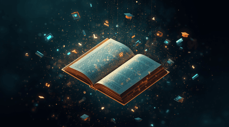 3D render of an open book dissolving into digital learning elements representing custom e-learning platform development