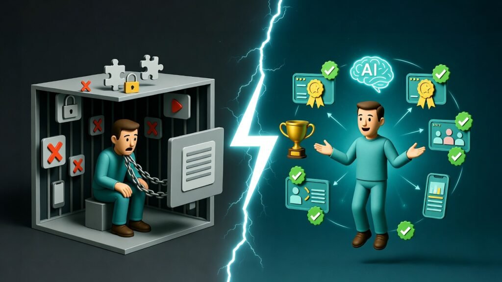 Split illustration showing learner trapped in generic LMS restrictions versus freely thriving in a custom e-learning platform