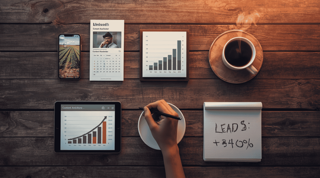 Flatlay of farm desk with digital marketing tools including SEO analytics, LinkedIn ads, and content calendar representing agribusiness digital marketing strategy