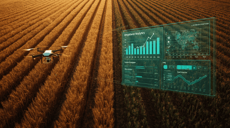 Aerial view of agricultural field with precision drone overlaid by a digital marketing analytics dashboard representing digital marketing for agriculture businesses
