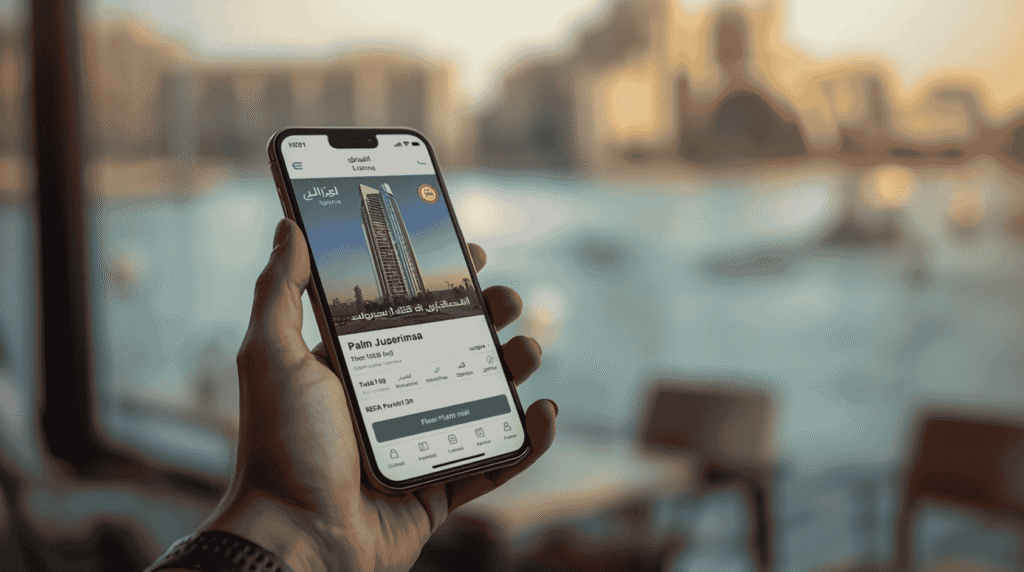 Hand holding smartphone with bilingual Arabic and English Dubai property listing app showing luxury apartment with WhatsApp inquiry button representing Dubai real estate SEO