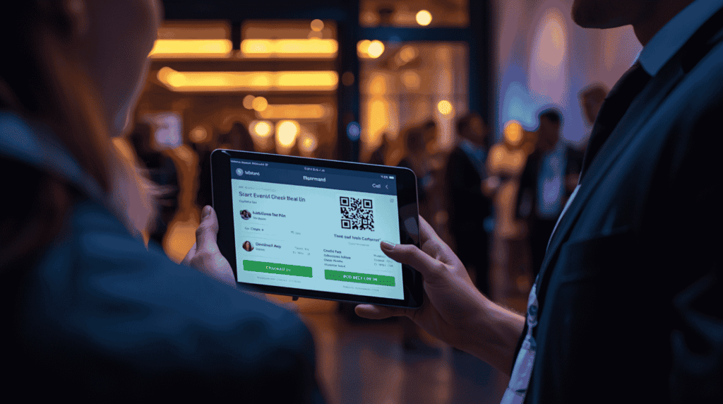 Event staff scanning QR code from attendee phone using event management app check-in dashboard at event venue
