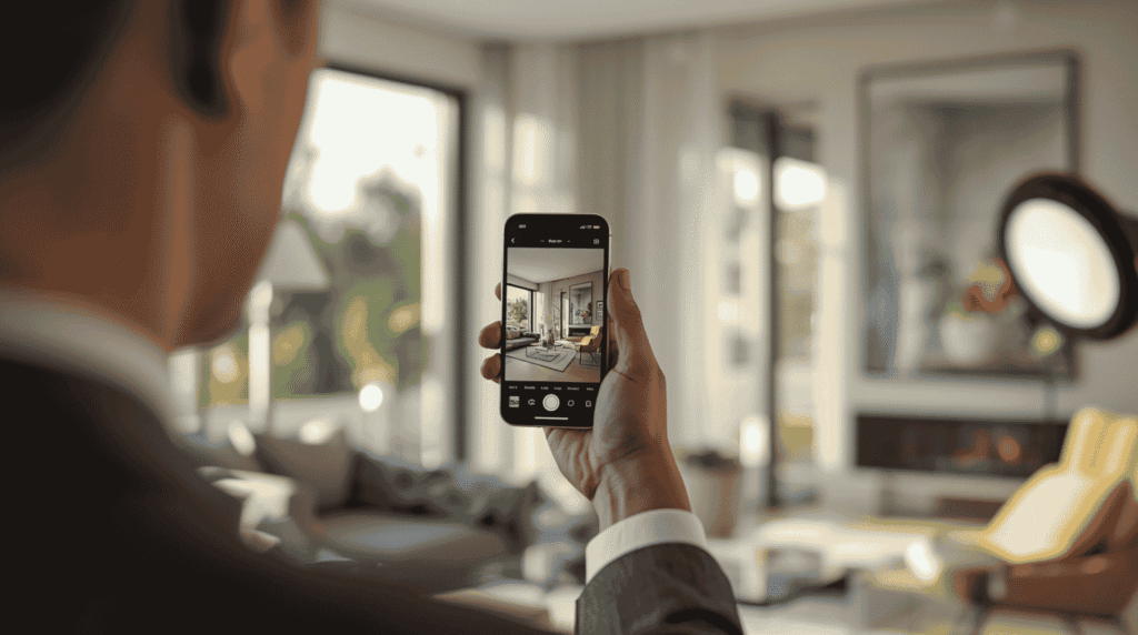 Real estate agent filming vertical Instagram Reel property walkthrough in modern apartment for social media marketing