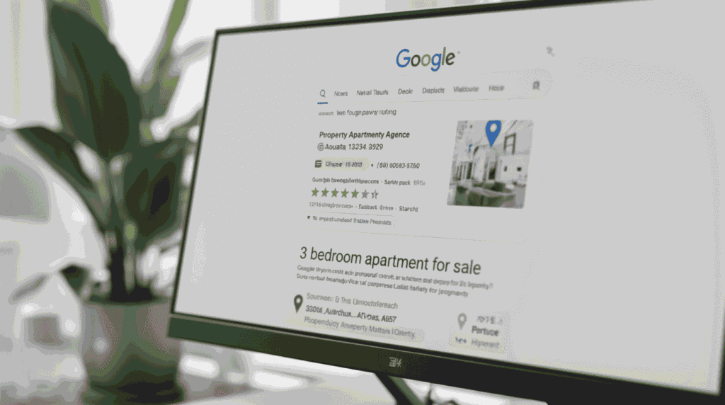 Desktop monitor showing Google search results with real estate agency ranking first with rich snippets representing property listing SEO