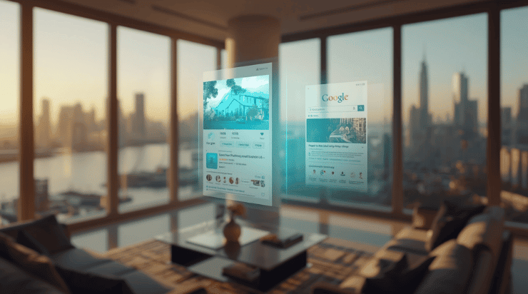 Luxury apartment interior with floating holographic Google search ranking and Instagram listing overlay representing real estate SEO and social media marketing