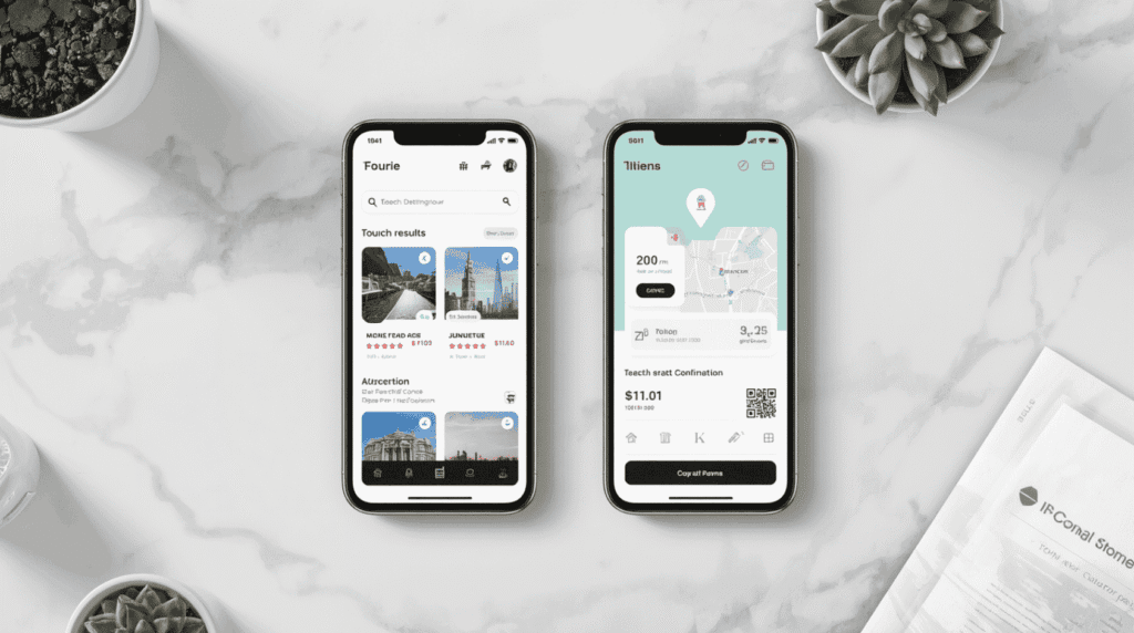 Two smartphones displaying travel booking app search results and booking confirmation screens representing custom travel app development