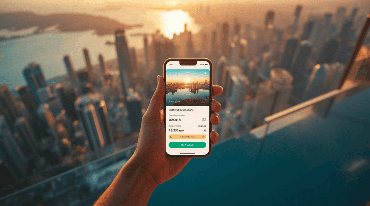 Hand holding smartphone with travel booking app confirmation screen over a skyline rooftop representing travel and tourism app development