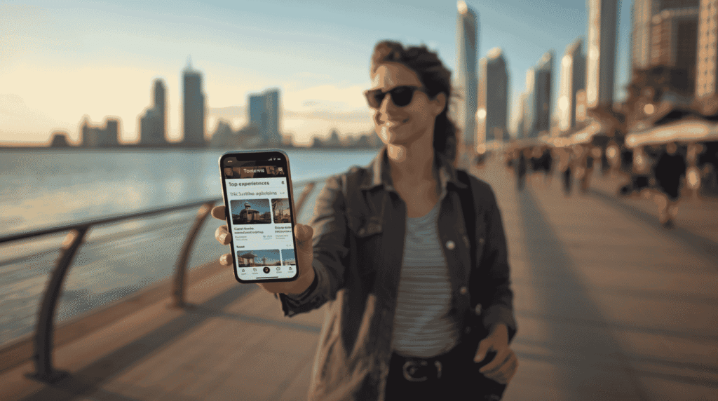 Traveler using tourism guide mobile app on UAE waterfront with modern skyline in background representing travel app development for Middle East tourism market