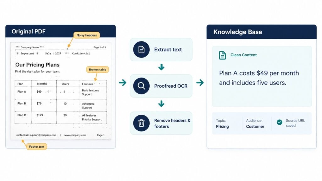 AI chatbot content maintenance dashboard with monthly review checklist and source update workflow.