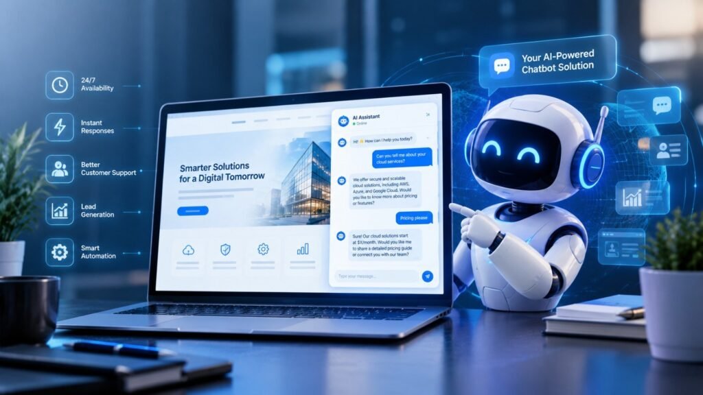 AI chatbot assistant on a business website laptop with a friendly robot and benefits like 24/7 availability, instant responses, and lead generation