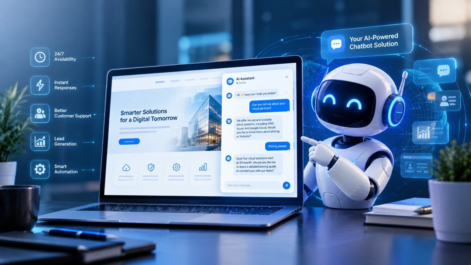 AI chatbot assistant on a business website laptop with a friendly robot and benefits like 24/7 availability, instant responses, and lead generation