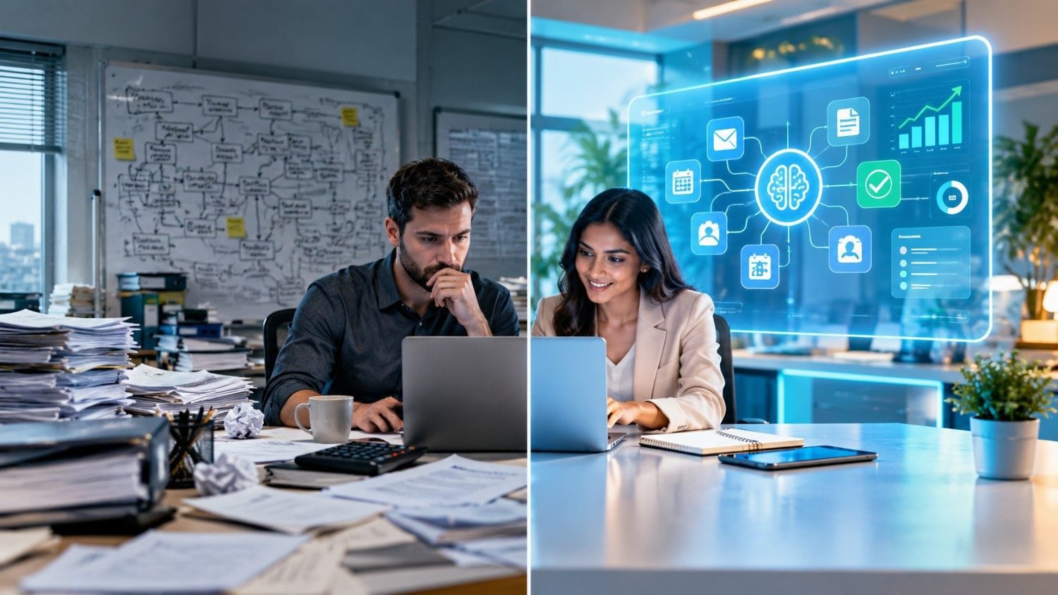 Comparison of manual rule-based automation and AI workflow automation in a modern business office