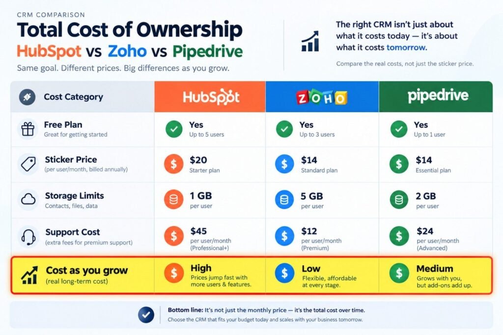 CRM total cost of ownership comparison table showing HubSpot vs Zoho vs Pipedrive pricing, free plans, storage limits, support costs, and long-term costs as your business grows.