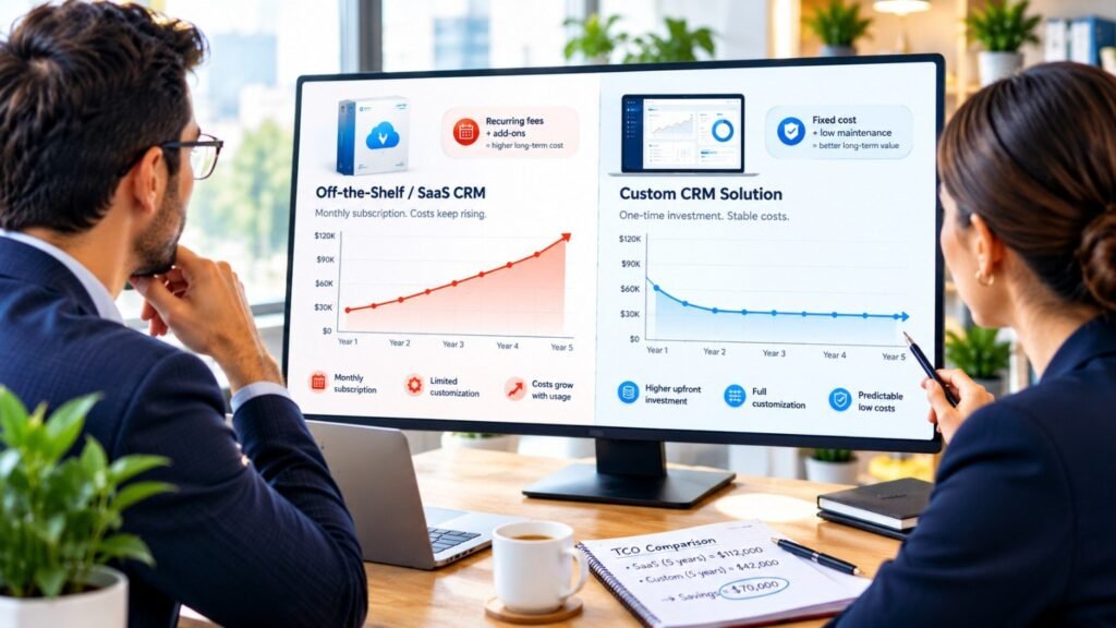 Two professionals comparing custom software vs off the shelf software costs on a split screen dashboard.