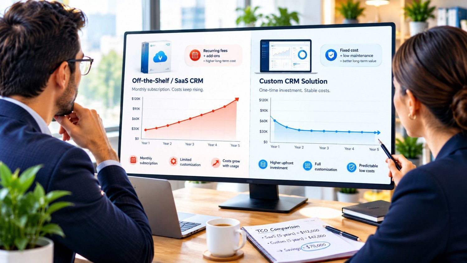 Two professionals comparing custom software vs off the shelf software costs on a split screen dashboard.